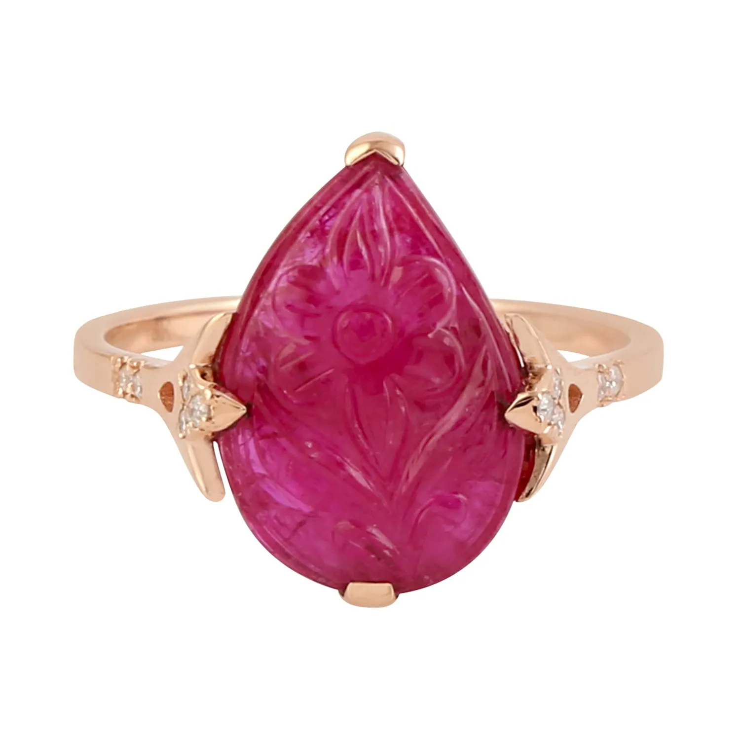 18k Yellow Gold Carved Flower Ruby Diamond Designer Ring Jewelry