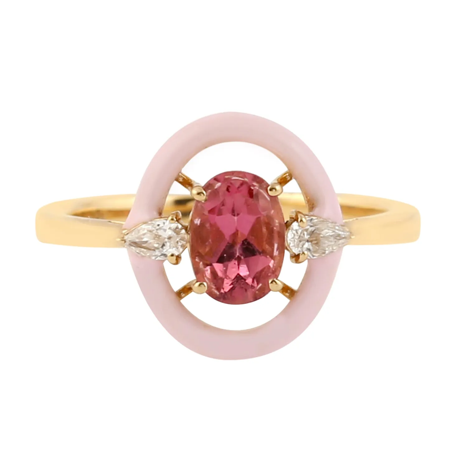 18k Yellow Gold Natural Tourmaline Diamond Designer Ring Enamel Jewelry