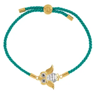 18k Yellow Gold Vermeil Owl Teal Satin 8" Bracelet for Wisdom