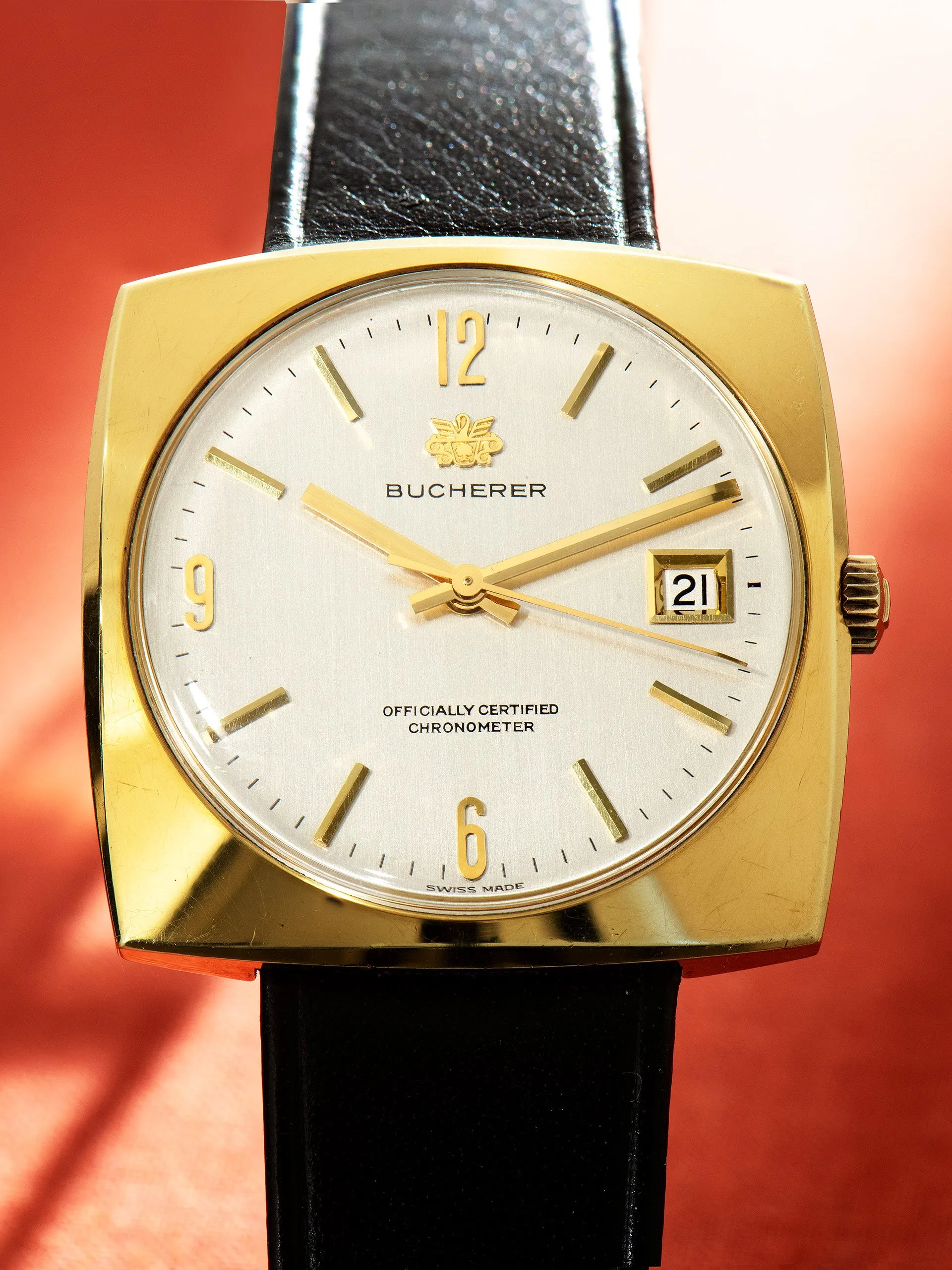 1970s Bucherer Gold-Plated Oversized Square Watch