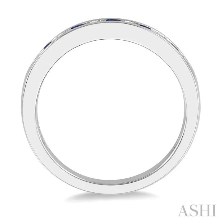 2 MM Sapphire and 1/5 ctw Round Cut Diamond Precious Wedding Band in 14K White Gold