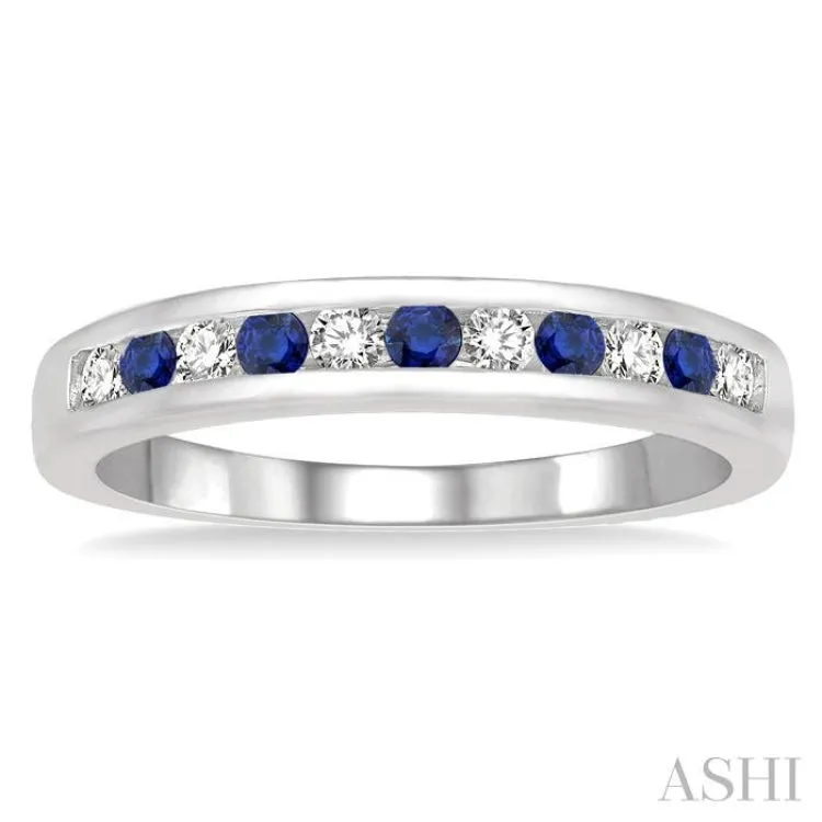 2 MM Sapphire and 1/5 ctw Round Cut Diamond Precious Wedding Band in 14K White Gold