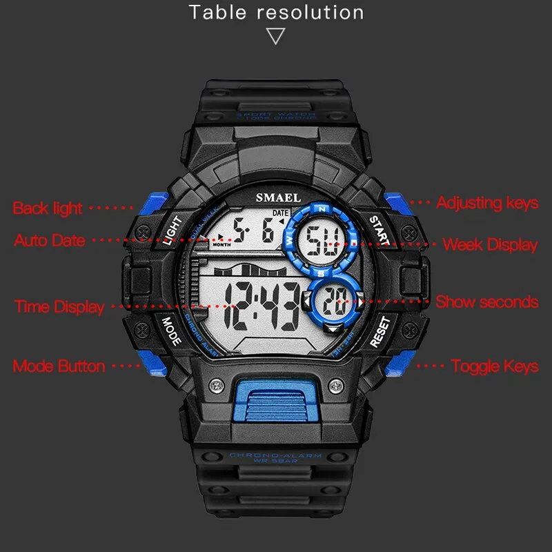 2022 SMAEL Mens Sports Watch Luxury Brand Military Watch Fashion Digital Watch Men Alarm Stopwatch Clock Male Relogio Masculino
