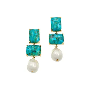 24 Cts Turquoise and Mother of Pearl Dangle Earring in Brass