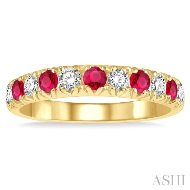 3/8 ctw Round Cut Diamond and 2.6MM Ruby Precious Wedding Band in 14K Yellow Gold