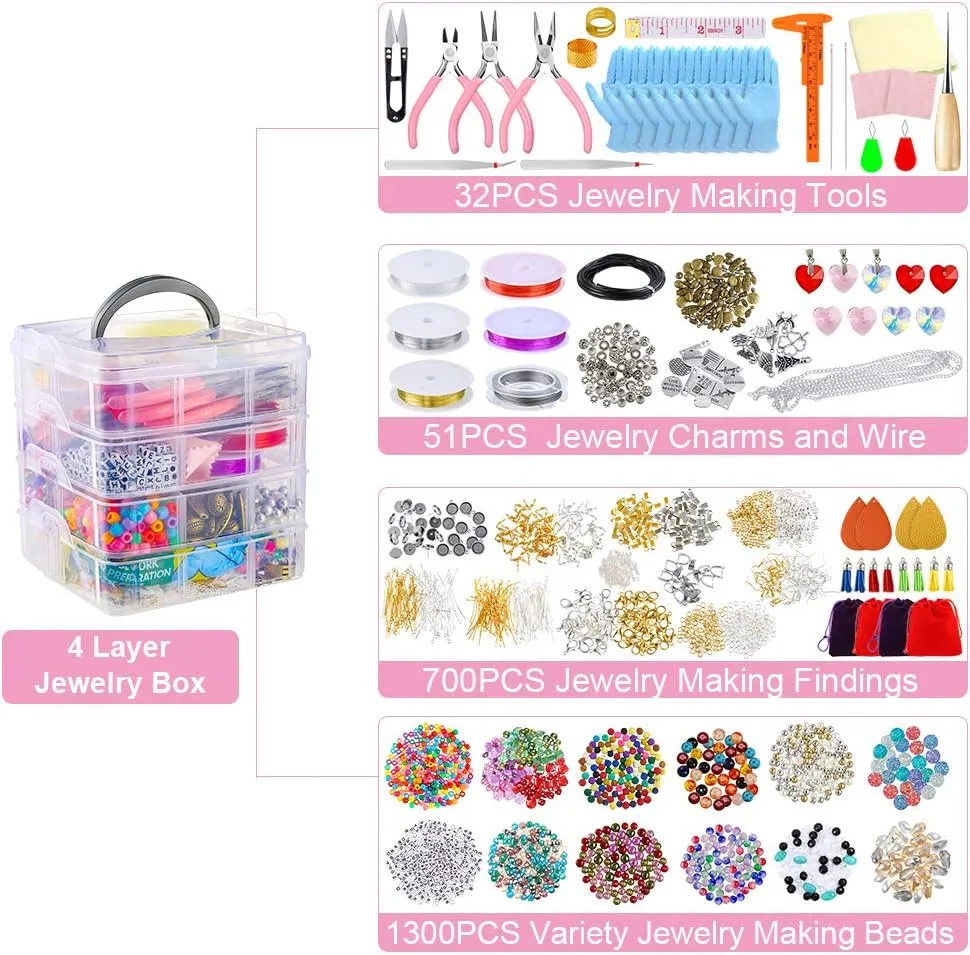 4-layer 2880Pcs Beads Charms Findings Beading Wire Kit For DIY Bracelets Necklace Earrings Deluxe Jewelry Making Supplies Kit