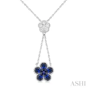 4x3 MM Pear Cut & 1.8 MM Round Sapphire and 1/5 ctw Round Cut Diamond Floral Blossom Precious Necklace in 14K White Gold