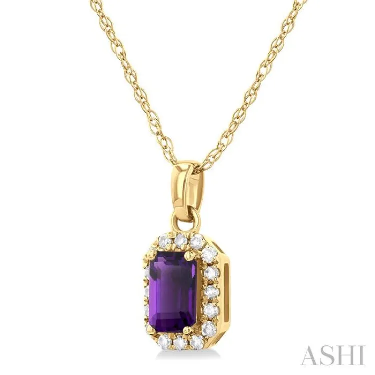 5x3 MM Octagonal Shape Amethyst and 1/20 ctw Single Cut Diamond Halo Semi Precious Pendant with Chain in 14K Yellow Gold
