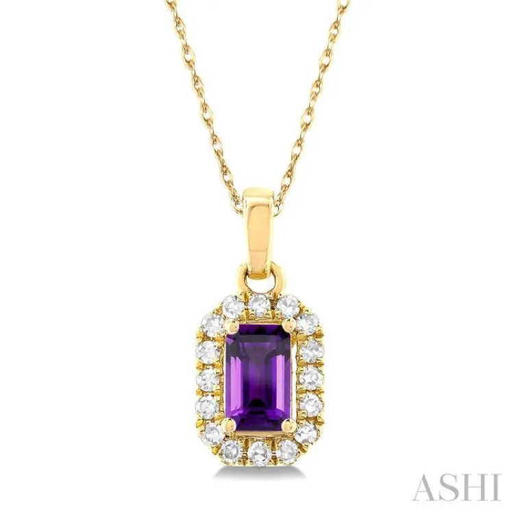 5x3 MM Octagonal Shape Amethyst and 1/20 ctw Single Cut Diamond Halo Semi Precious Pendant with Chain in 14K Yellow Gold