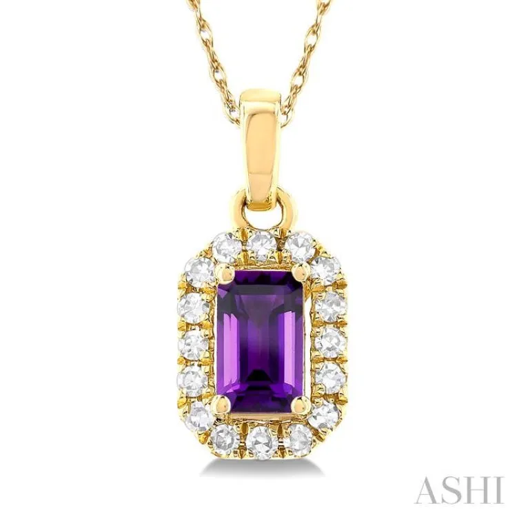 5x3 MM Octagonal Shape Amethyst and 1/20 ctw Single Cut Diamond Halo Semi Precious Pendant with Chain in 14K Yellow Gold