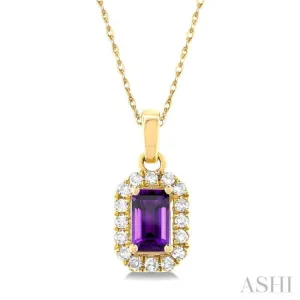 5x3 MM Octagonal Shape Amethyst and 1/20 ctw Single Cut Diamond Halo Semi Precious Pendant with Chain in 14K Yellow Gold