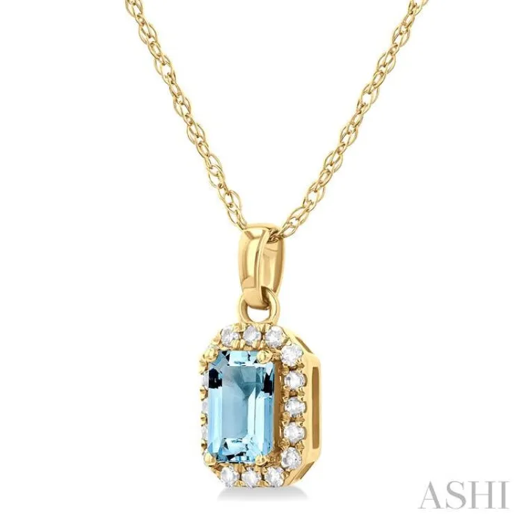 5x3 MM Octagonal Shape Aquamarine and 1/20 ctw Single Cut Diamond Halo Semi Precious Pendant with Chain in 10K Yellow Gold