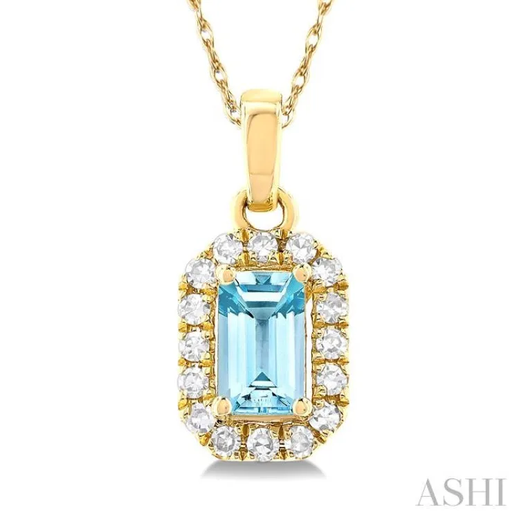 5x3 MM Octagonal Shape Aquamarine and 1/20 ctw Single Cut Diamond Halo Semi Precious Pendant with Chain in 10K Yellow Gold