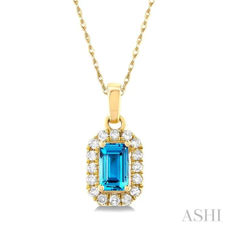 5x3 MM Octagonal Shape Blue Topaz and 1/20 ctw Single Cut Diamond Halo Semi Precious Pendant with Chain in 10K Yellow Gold