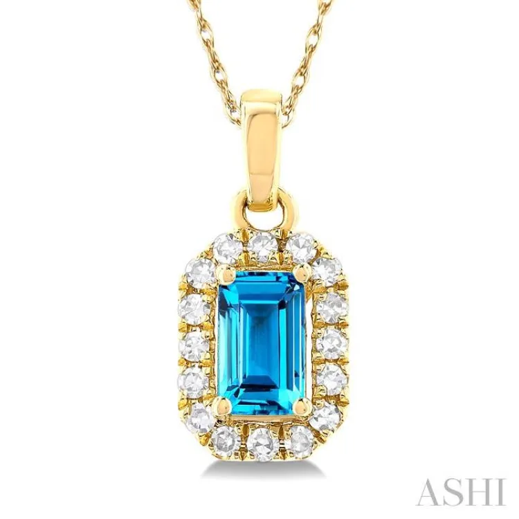 5x3 MM Octagonal Shape Blue Topaz and 1/20 ctw Single Cut Diamond Halo Semi Precious Pendant with Chain in 10K Yellow Gold