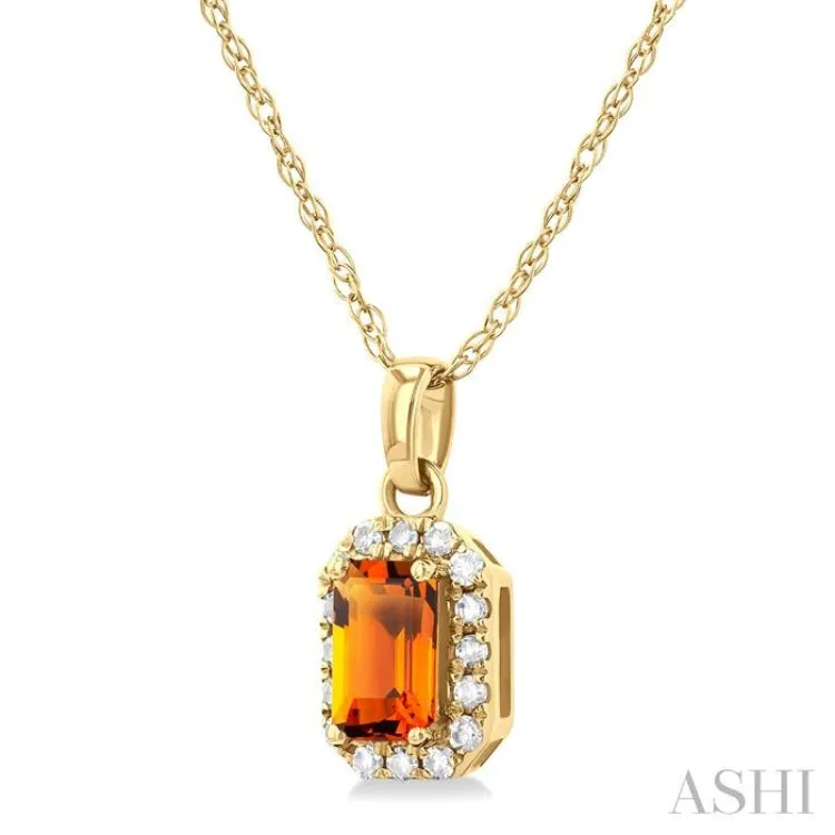 5x3 MM Octagonal Shape Citrine and 1/20 ctw Single Cut Diamond Halo Semi Precious Pendant with Chain in 10K Yellow Gold