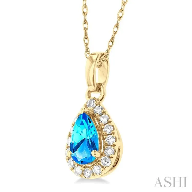 5x3 MM Pear Shape Blue Topaz and 1/20 ctw Single Cut Diamond Halo Semi Precious Pendant with Chain in 14K Yellow Gold