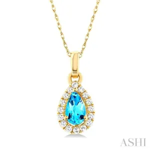5x3 MM Pear Shape Blue Topaz and 1/20 ctw Single Cut Diamond Halo Semi Precious Pendant with Chain in 14K Yellow Gold