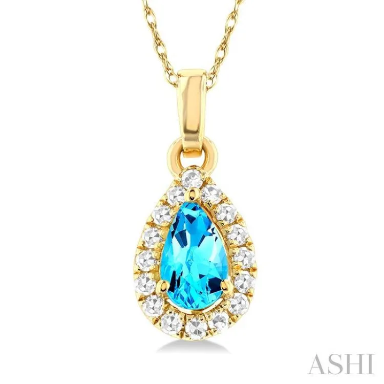 5x3 MM Pear Shape Blue Topaz and 1/20 ctw Single Cut Diamond Halo Semi Precious Pendant with Chain in 14K Yellow Gold