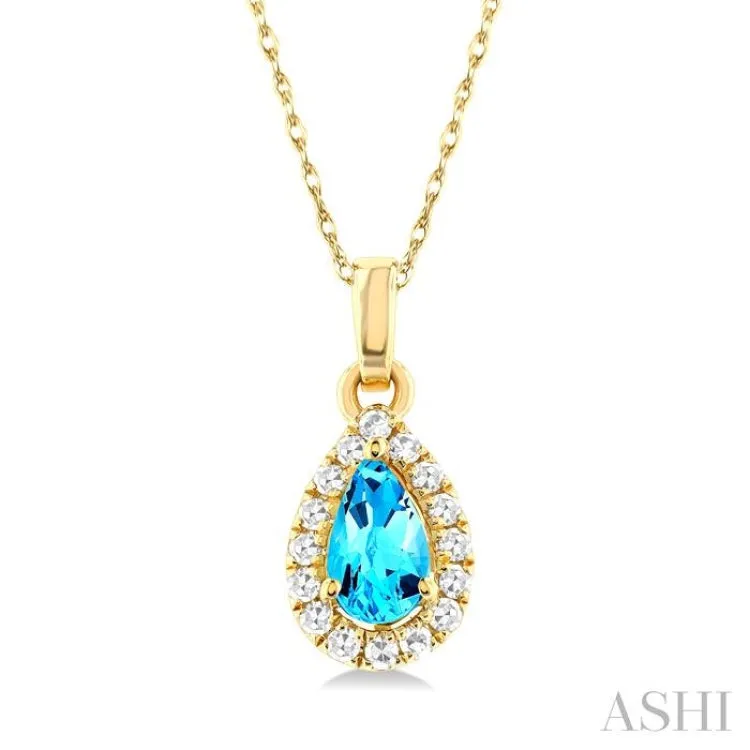 5x3 MM Pear Shape Blue Topaz and 1/20 ctw Single Cut Diamond Halo Semi Precious Pendant with Chain in 14K Yellow Gold