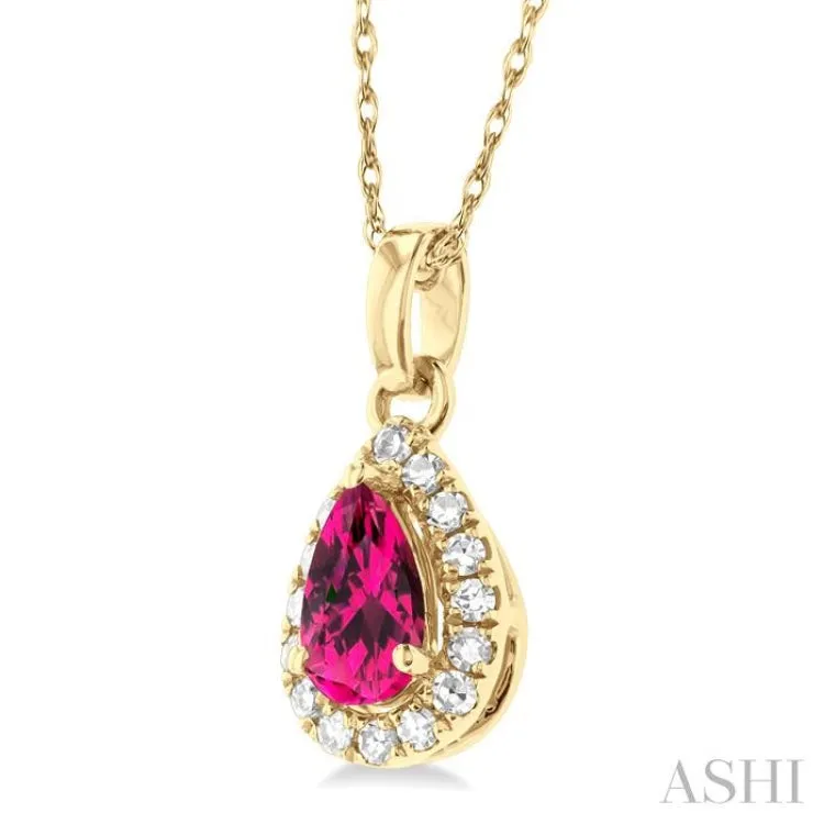5x3 MM Pear Shape Pink Tourmaline and 1/20 ctw Single Cut Diamond Halo Semi Precious Pendant with Chain in 14K Yellow Gold