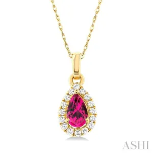 5x3 MM Pear Shape Pink Tourmaline and 1/20 ctw Single Cut Diamond Halo Semi Precious Pendant with Chain in 14K Yellow Gold