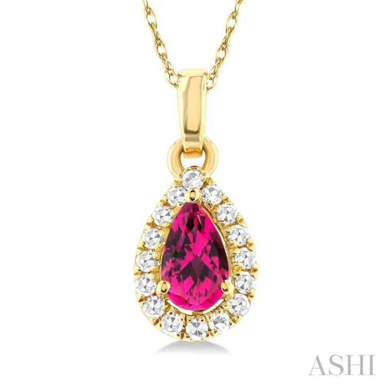 5x3 MM Pear Shape Pink Tourmaline and 1/20 ctw Single Cut Diamond Halo Semi Precious Pendant with Chain in 14K Yellow Gold