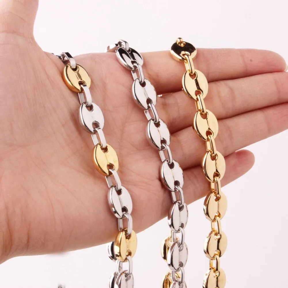 7/9/11mm 7-40" High Quality Mens Womens 316L Stainless Steel Silver Gold Jewelry Coffee Bean Beads Chain Necklace or Bracelet