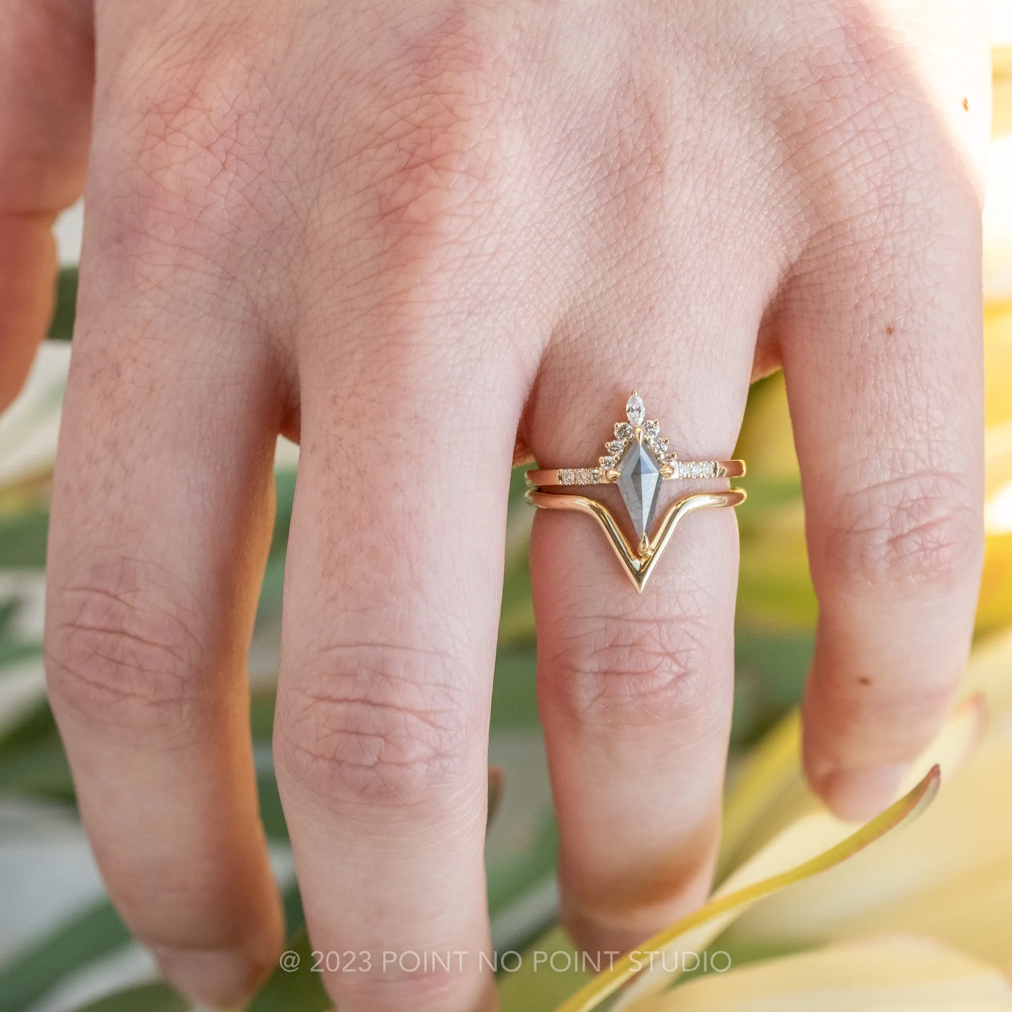 .92 Carat Salt and Pepper Kite Diamond Engagement Ring, Avaline Setting, 14K Yellow Gold