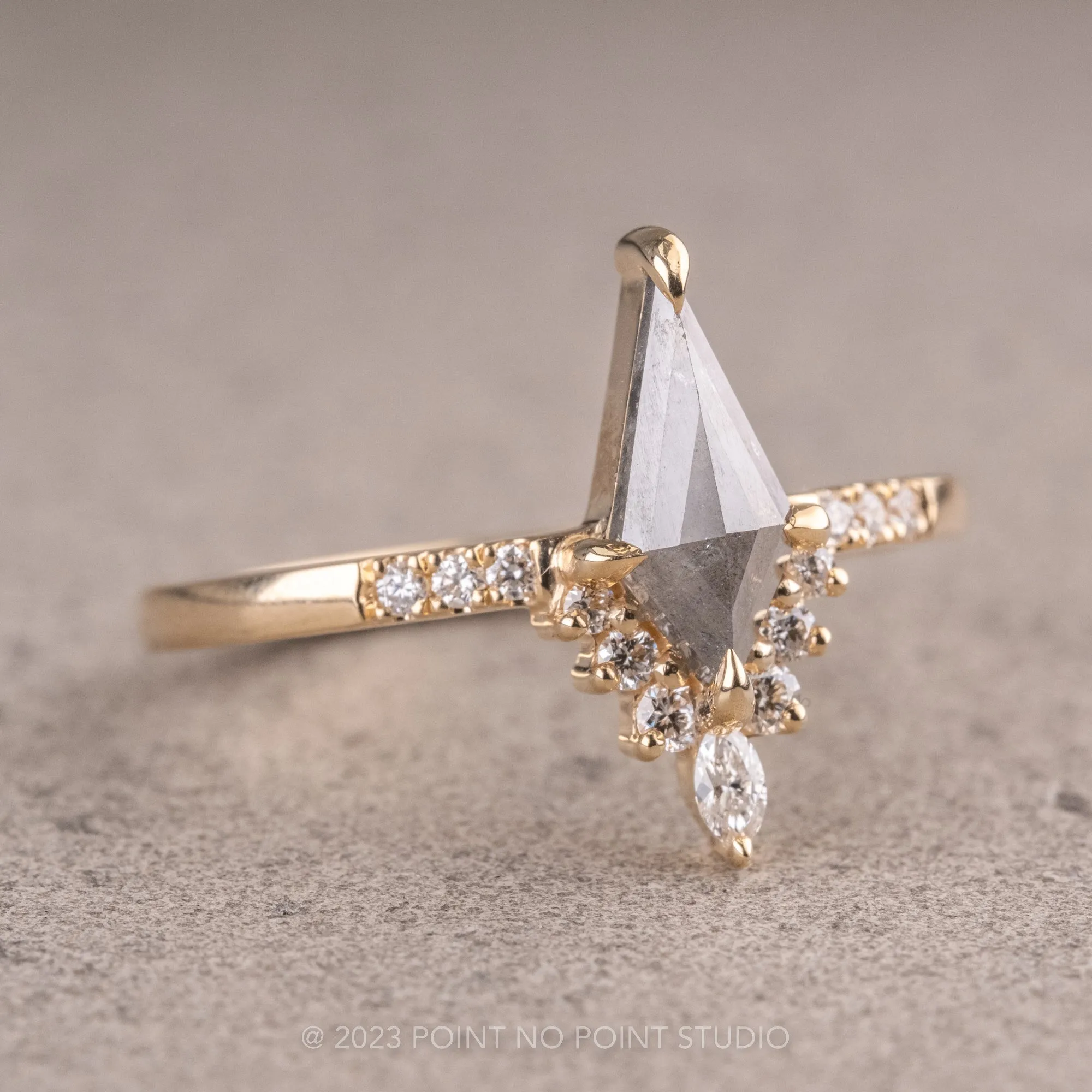 .92 Carat Salt and Pepper Kite Diamond Engagement Ring, Avaline Setting, 14K Yellow Gold