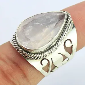 9.21g, Handmade Natural Pink Rose Quartz Designer Pear 925 Sterling Silver Ring, Quartz Ring