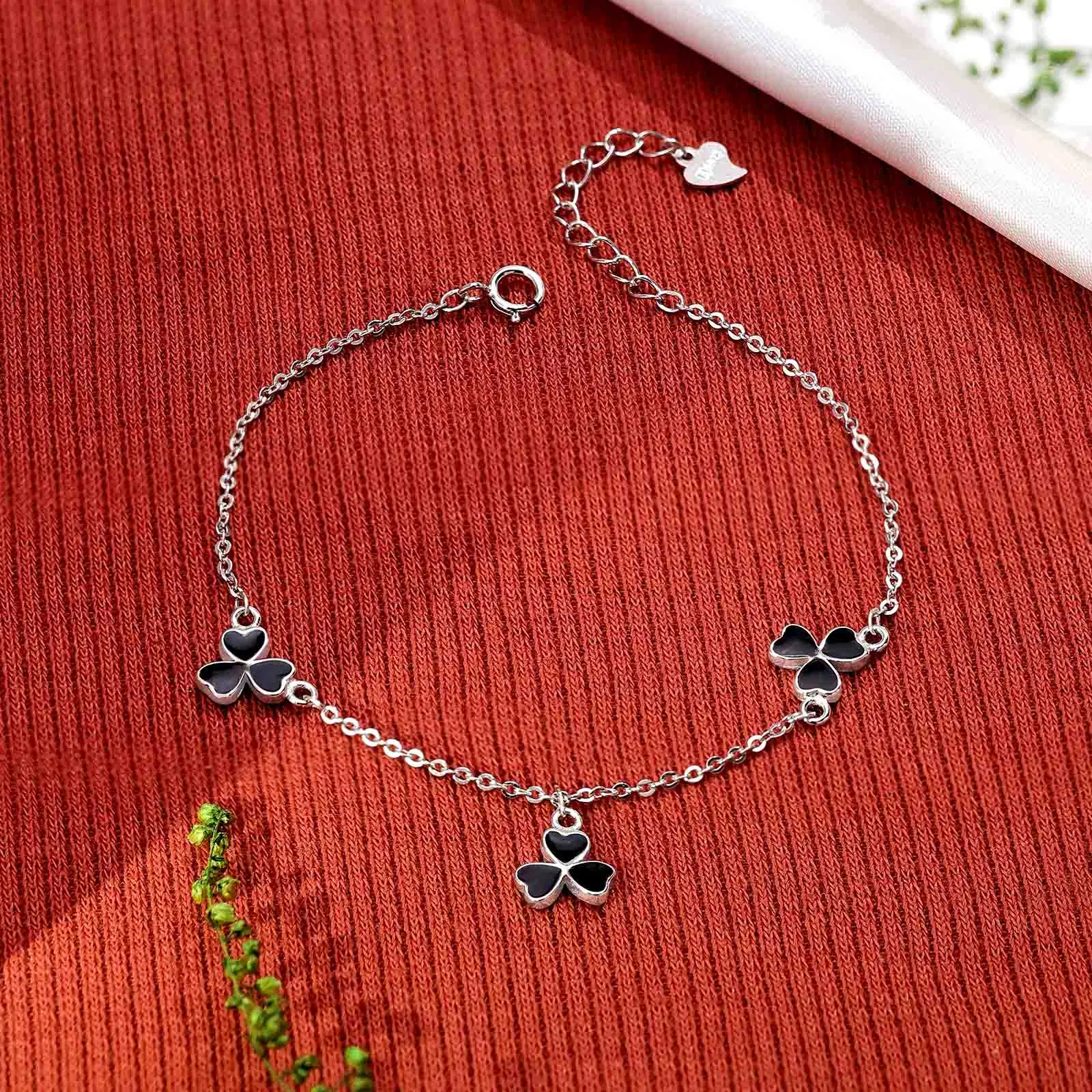925 Sterling Silver Black Clover Leaf Bracelet