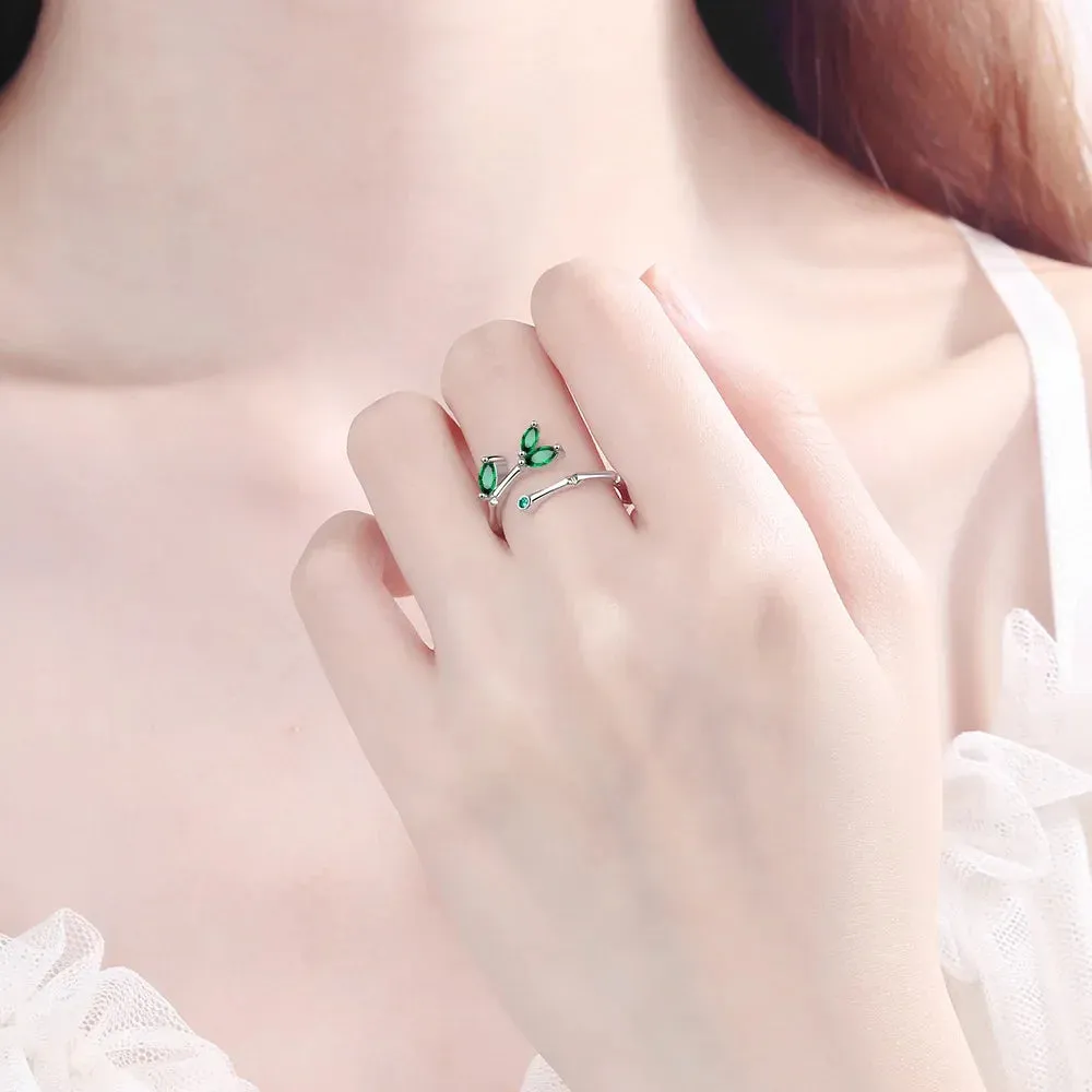 925 Sterling Silver Twig Green Leaf Rings For Women Luxury Designer Jewelry
