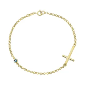 9ct Yellow Gold Cross & Evil Eye Bracelet