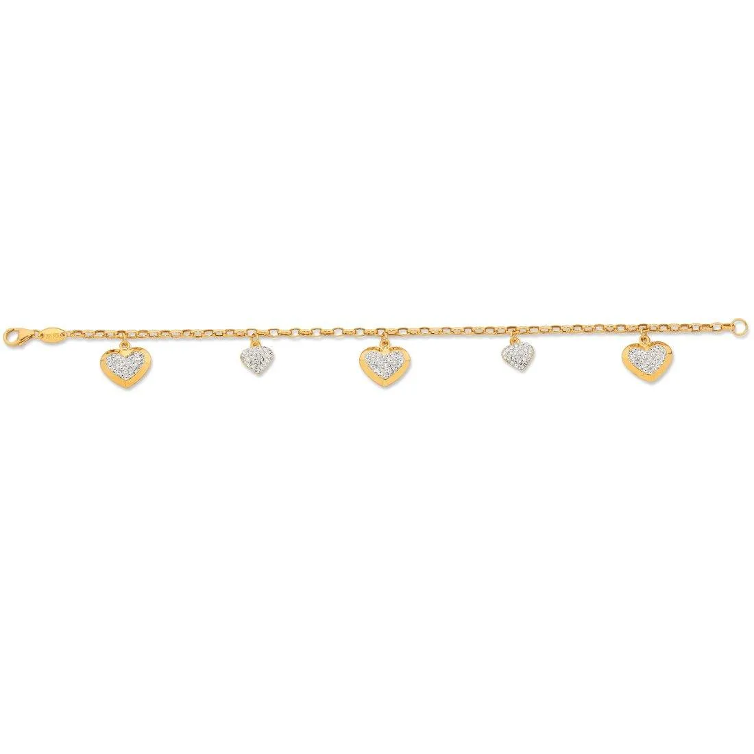 9ct Yellow Gold Silver Infused Crystal Heart Charm Bracelet