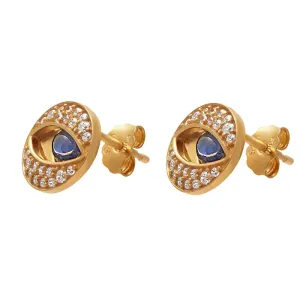 9ct Yellow Gold Silver Infused Evil Eye Stud Earrings with Cubic Zirconia