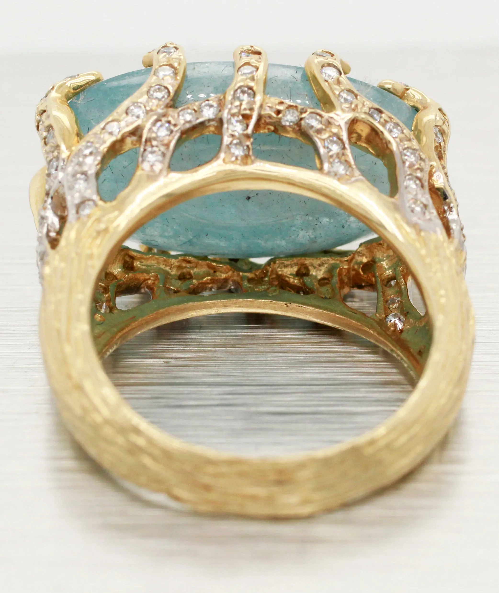 Andy C Blue Oval Gemstone & Diamond Ring -14k Yellow Gold Bark-Style Band
