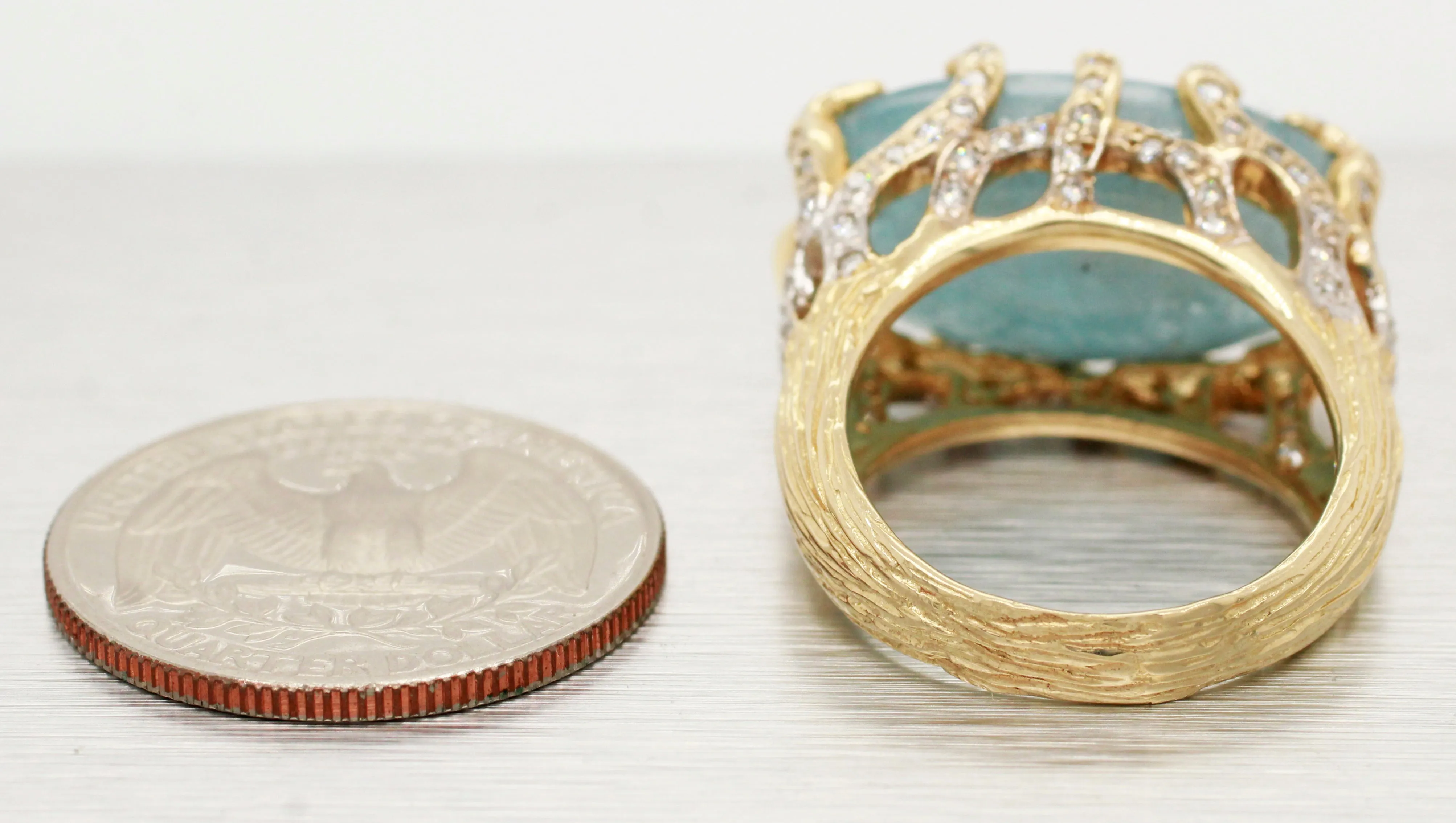Andy C Blue Oval Gemstone & Diamond Ring -14k Yellow Gold Bark-Style Band