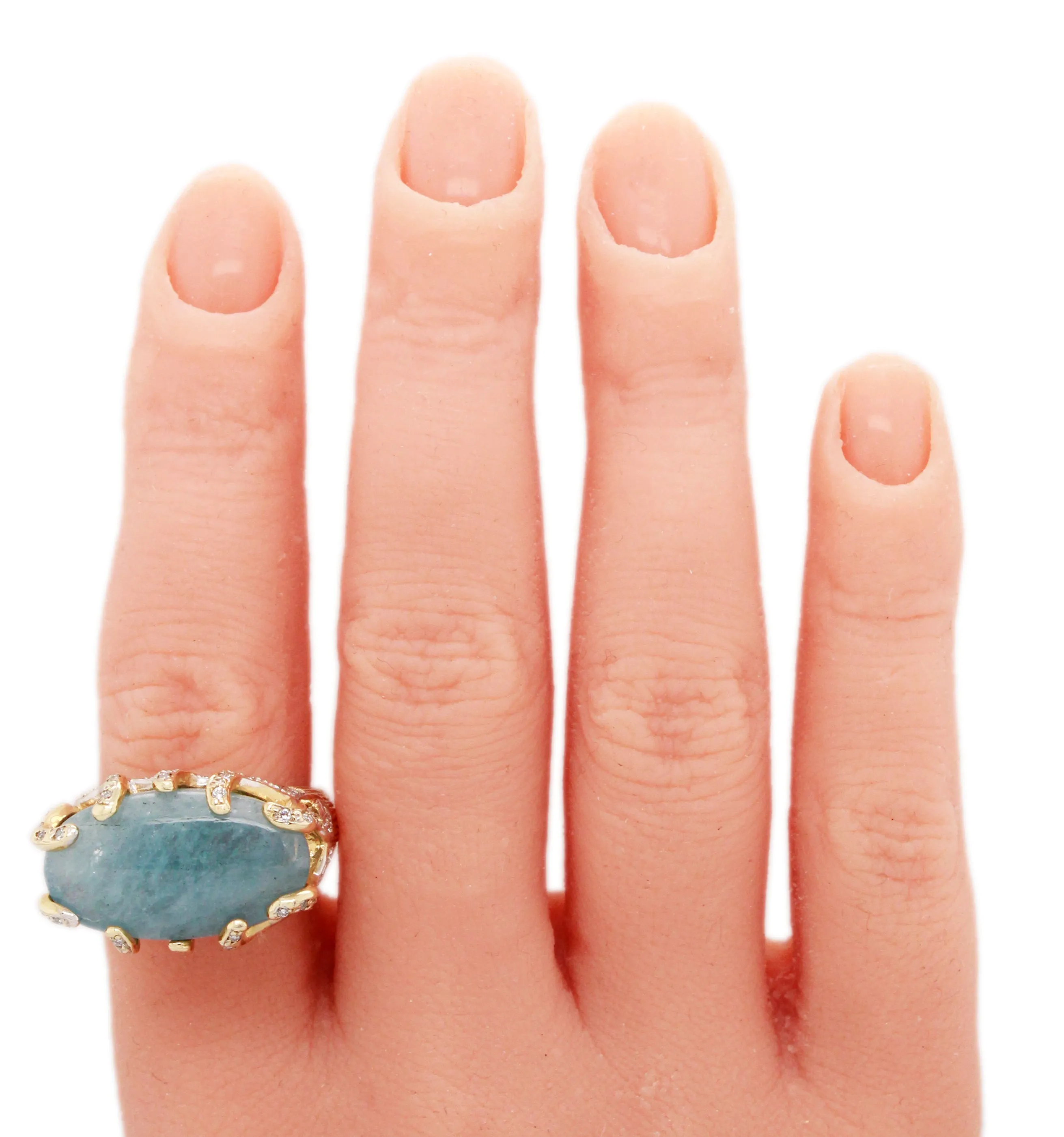 Andy C Blue Oval Gemstone & Diamond Ring -14k Yellow Gold Bark-Style Band