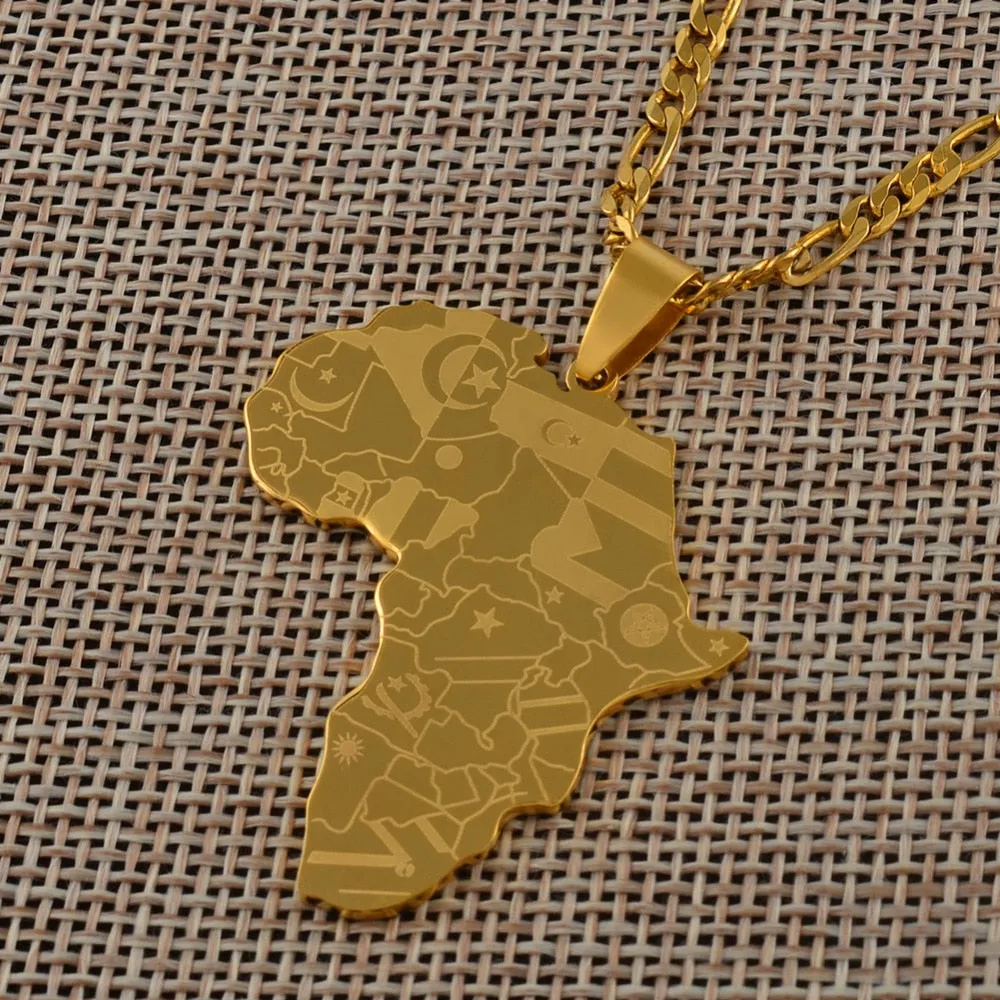 Anniyo Silver Color/Gold Color Africa Map With Flag Pendant Chain Necklaces African Maps Jewelry for Women Men #035321P