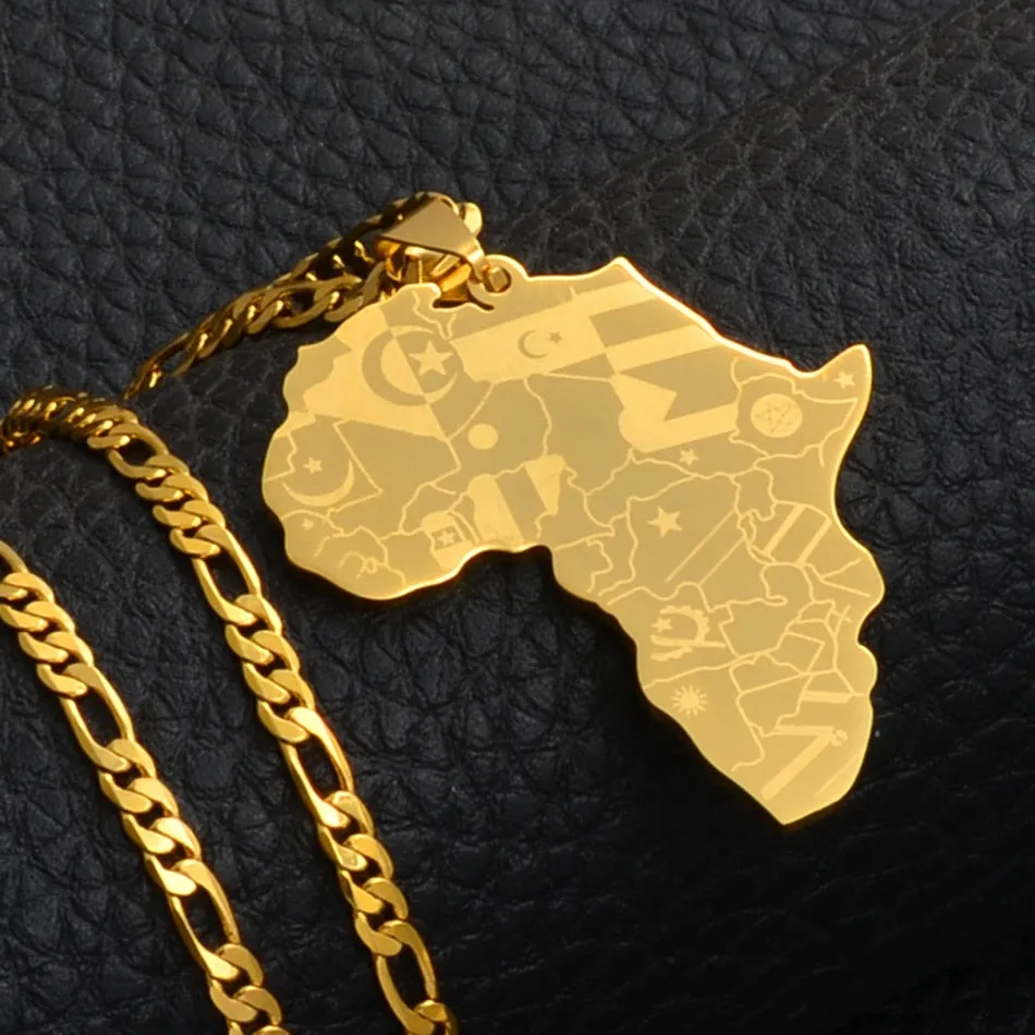 Anniyo Silver Color/Gold Color Africa Map With Flag Pendant Chain Necklaces African Maps Jewelry for Women Men #035321P