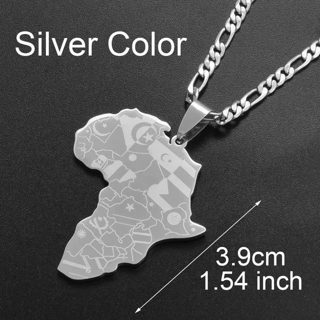 Anniyo Silver Color/Gold Color Africa Map With Flag Pendant Chain Necklaces African Maps Jewelry for Women Men #035321P