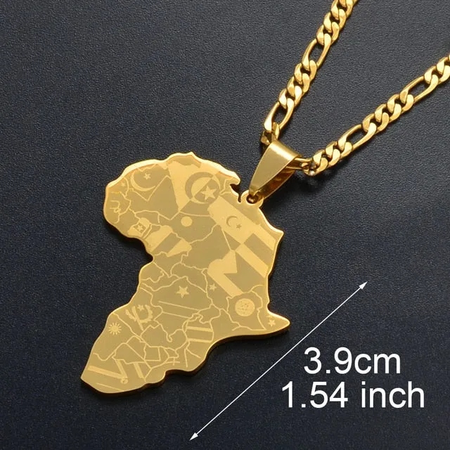 Anniyo Silver Color/Gold Color Africa Map With Flag Pendant Chain Necklaces African Maps Jewelry for Women Men #035321P