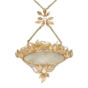 Antique Chinese Mother of Pearl Gambling Token Engraced with Kissing Doves and Nested in Gold Leaves