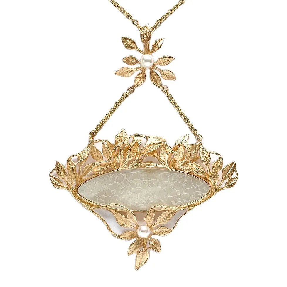 Antique Chinese Mother of Pearl Gambling Token Engraced with Kissing Doves and Nested in Gold Leaves