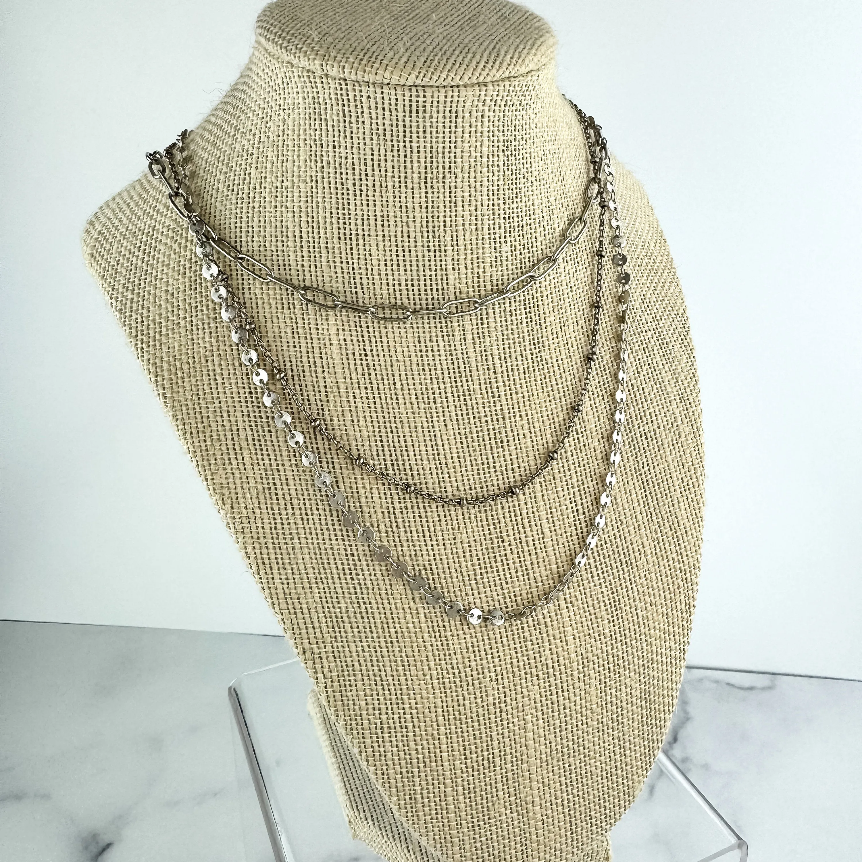 Antiqued Silver Layering Necklaces | Paperclip Chain | Sateliite  Chain | Disc Chain