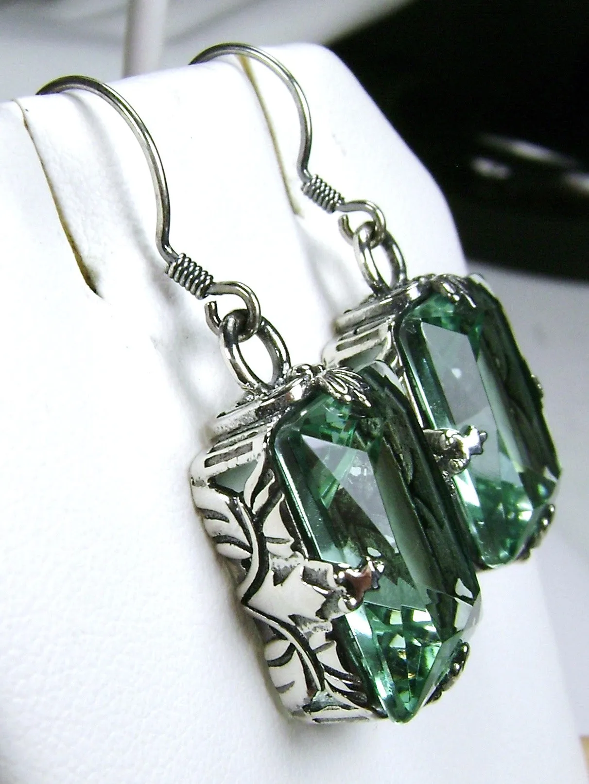 Aquamarine Earrings, GL Earrings, Art Deco Sterling Silver Filigree, Vintage Jewelry #E15.