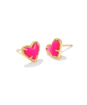 Ari heart stud earrings in gold neon pink magnesite