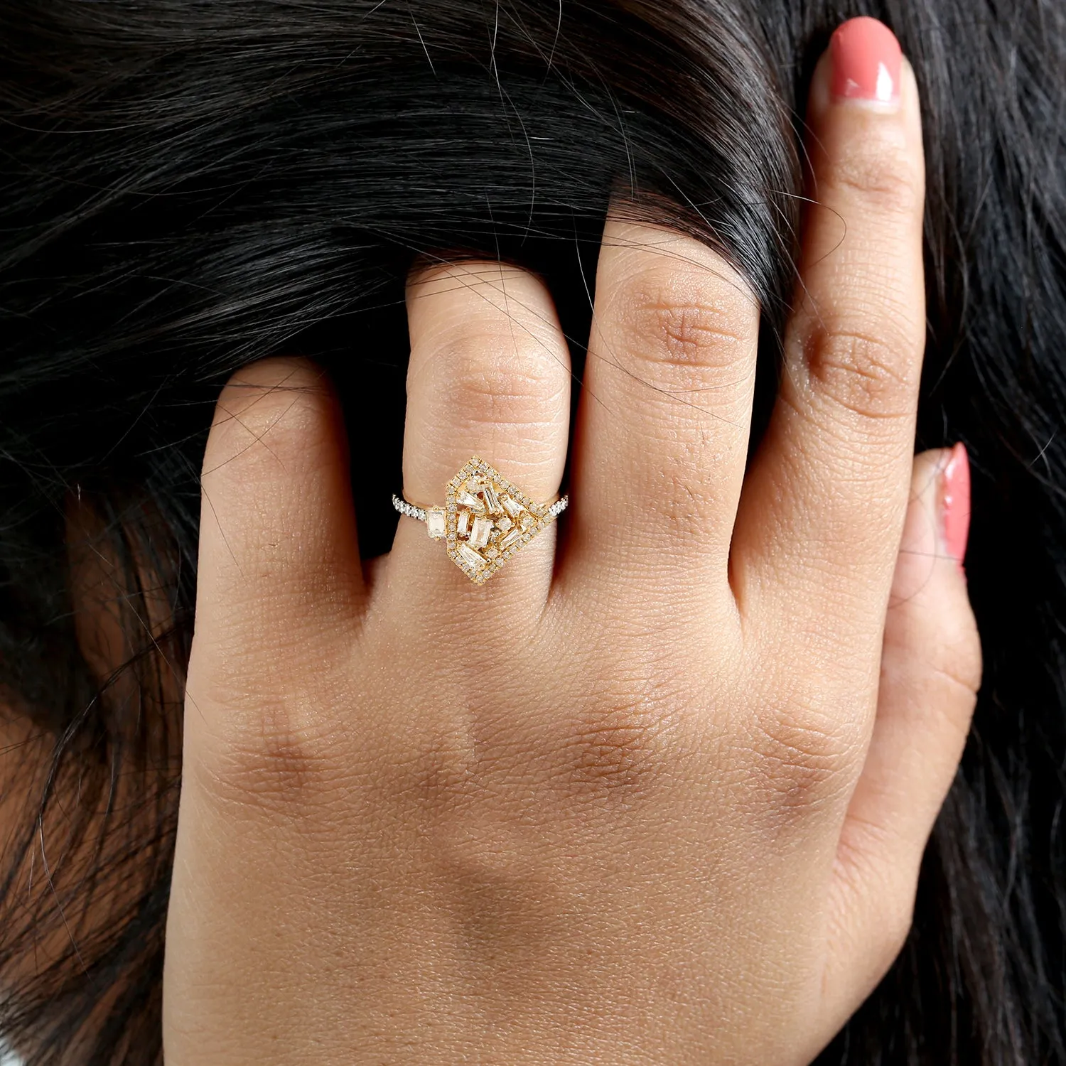 Baguette Pave Diamond Designer Cluster Ring In 18k Yellow Gold