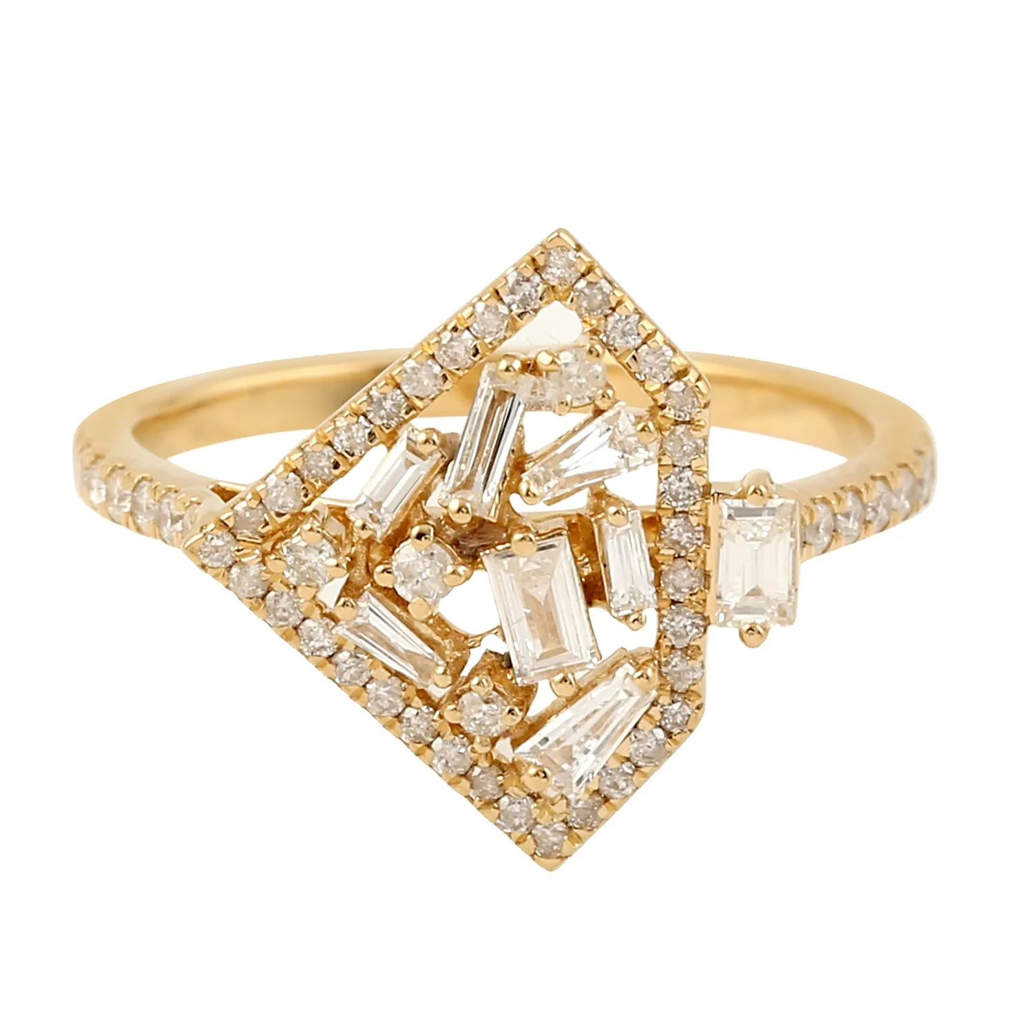 Baguette Pave Diamond Designer Cluster Ring In 18k Yellow Gold